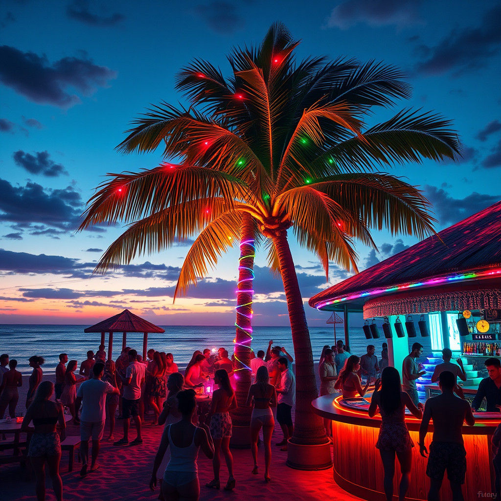 Night Beach Party with Multicolored Lights