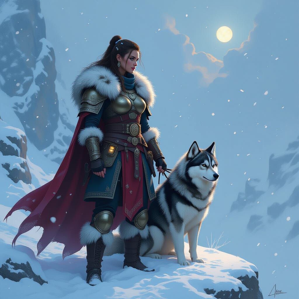 Norse Goddess Warrior in Blizzard, Painterly Style