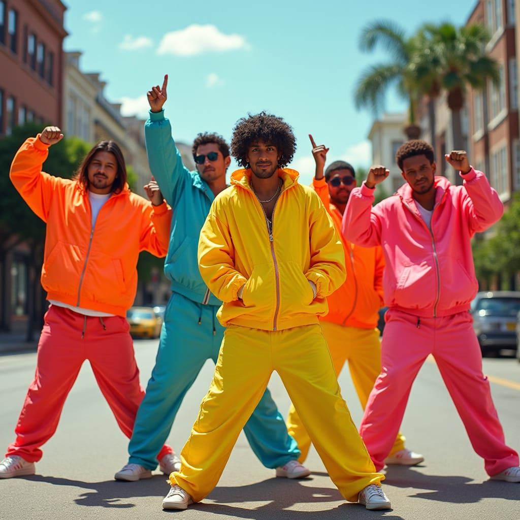 Men in Neon Sportswear Posing on City Street