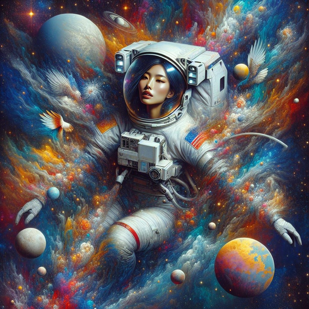 Asian-American Astronaut in Vibrant Cosmic Matte Painting