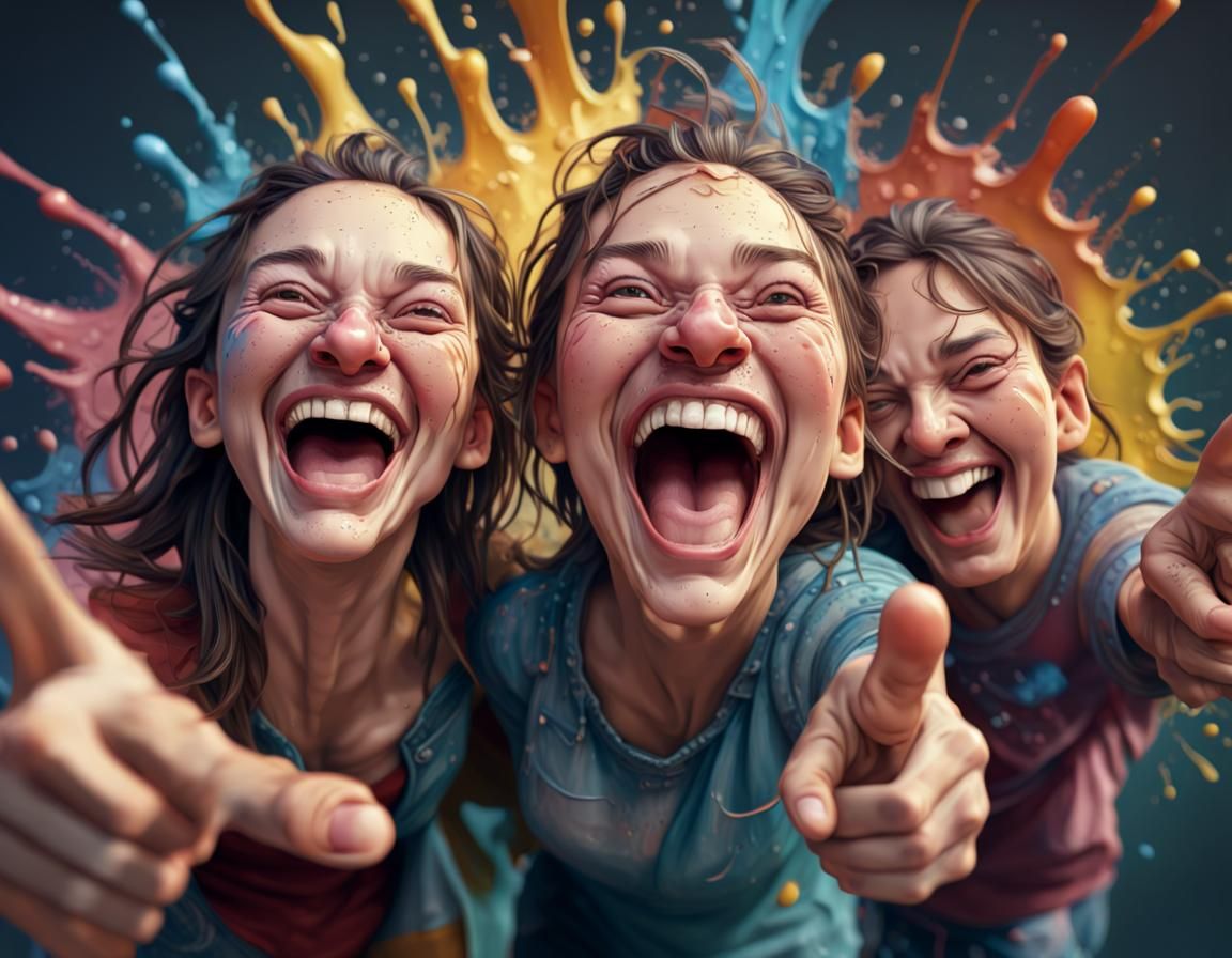 Haunting Laughing Faces Pointing, Hyperdetailed Splash Art