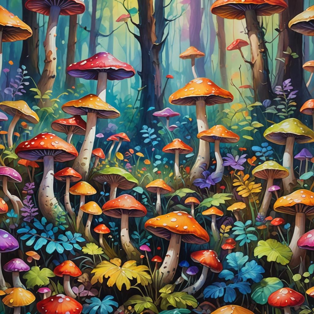 Rainbow Mushrooms in Lush Forest as Oil Painting