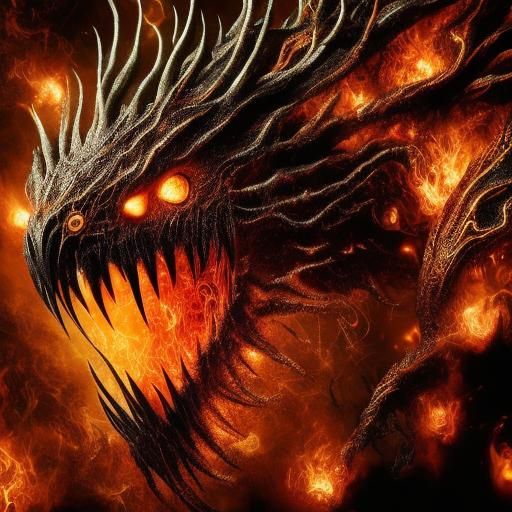 Hyperrealistic Red and Gold Flaming Monster