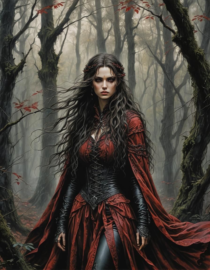 Fairytale Heroine in Crimson Cloak, Striking Dark Eyes