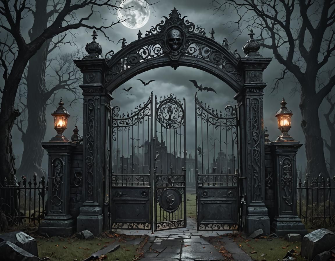 Eerie Graveyard Gates Under Moonlight