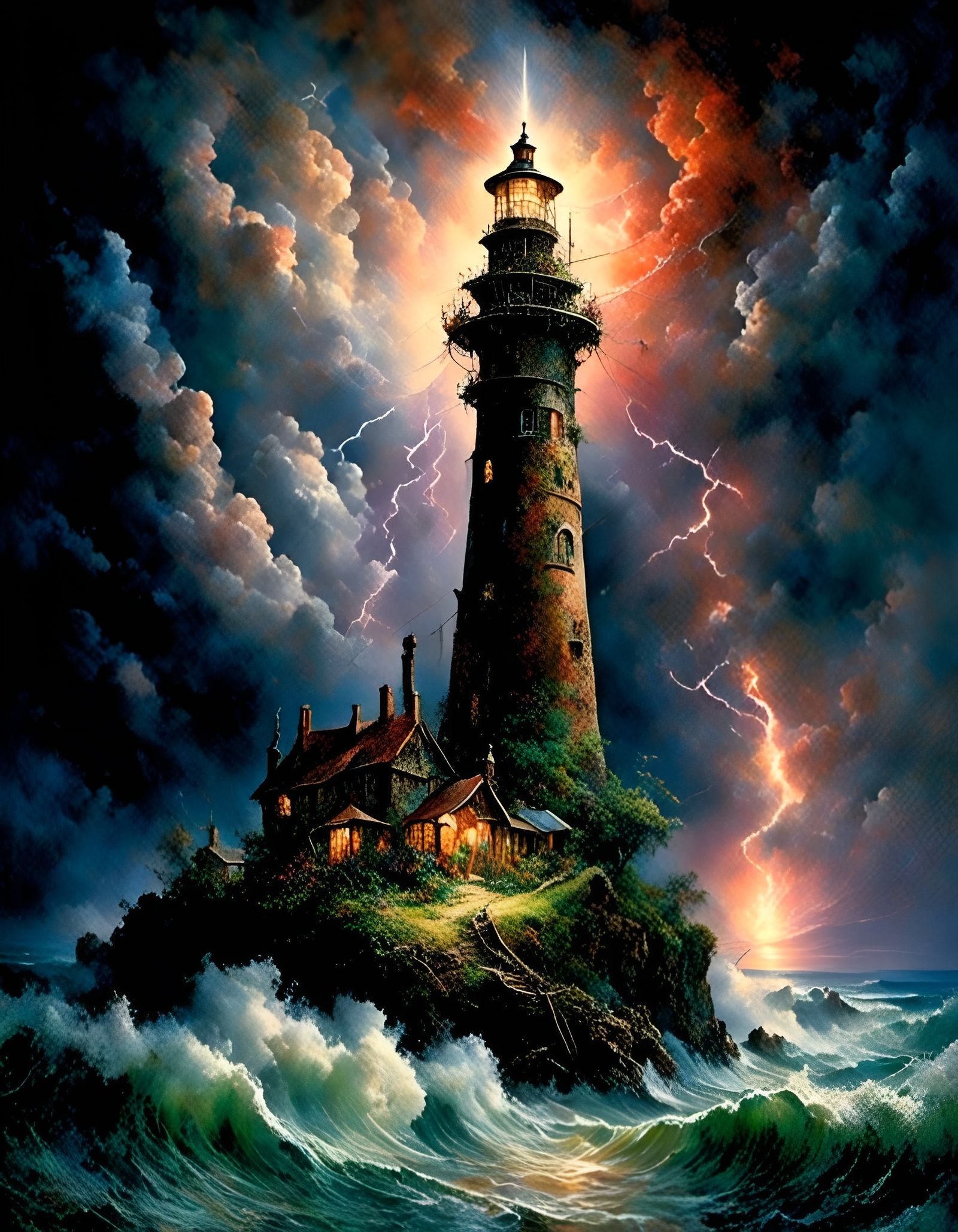 Dreamcore Lighthouse in Vivid Rainbow Lightning Storm