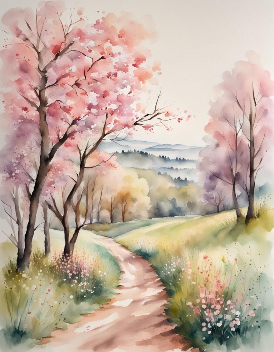 Pastel Spring Landscape in Watercolor Painting