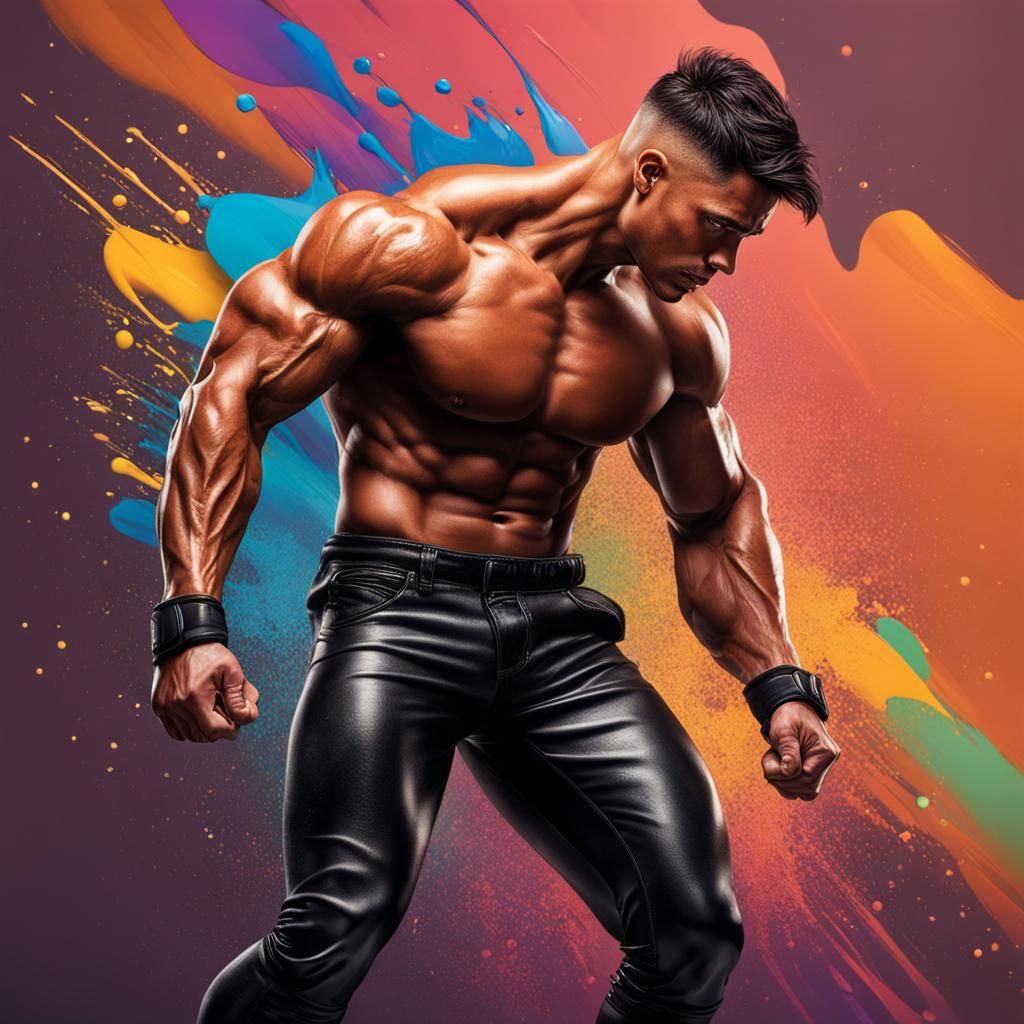 Muscular Man in Leather Pants: Hyperrealistic Digital Art