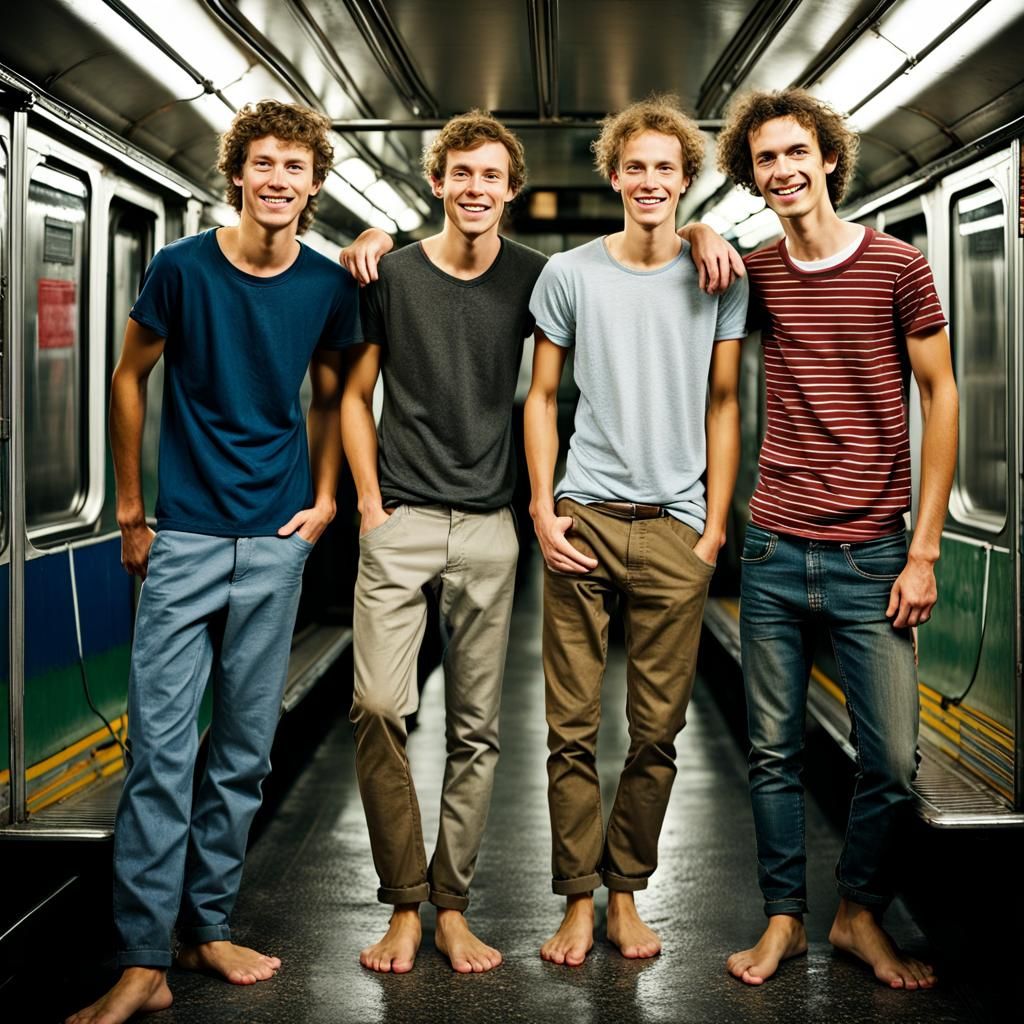 Barefoot Students in Subway: Professional Portrait