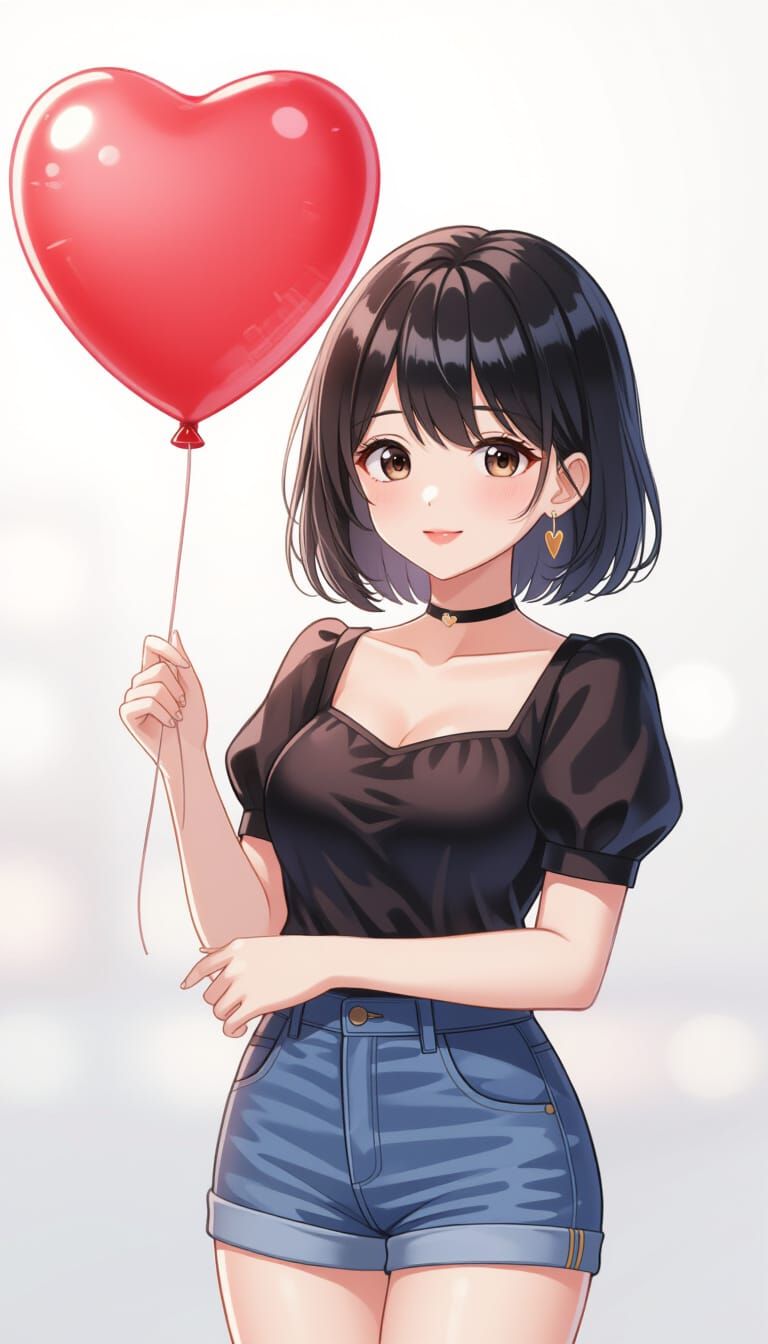 Cute Thai Woman Holding Heart Balloon in Watercolor Style