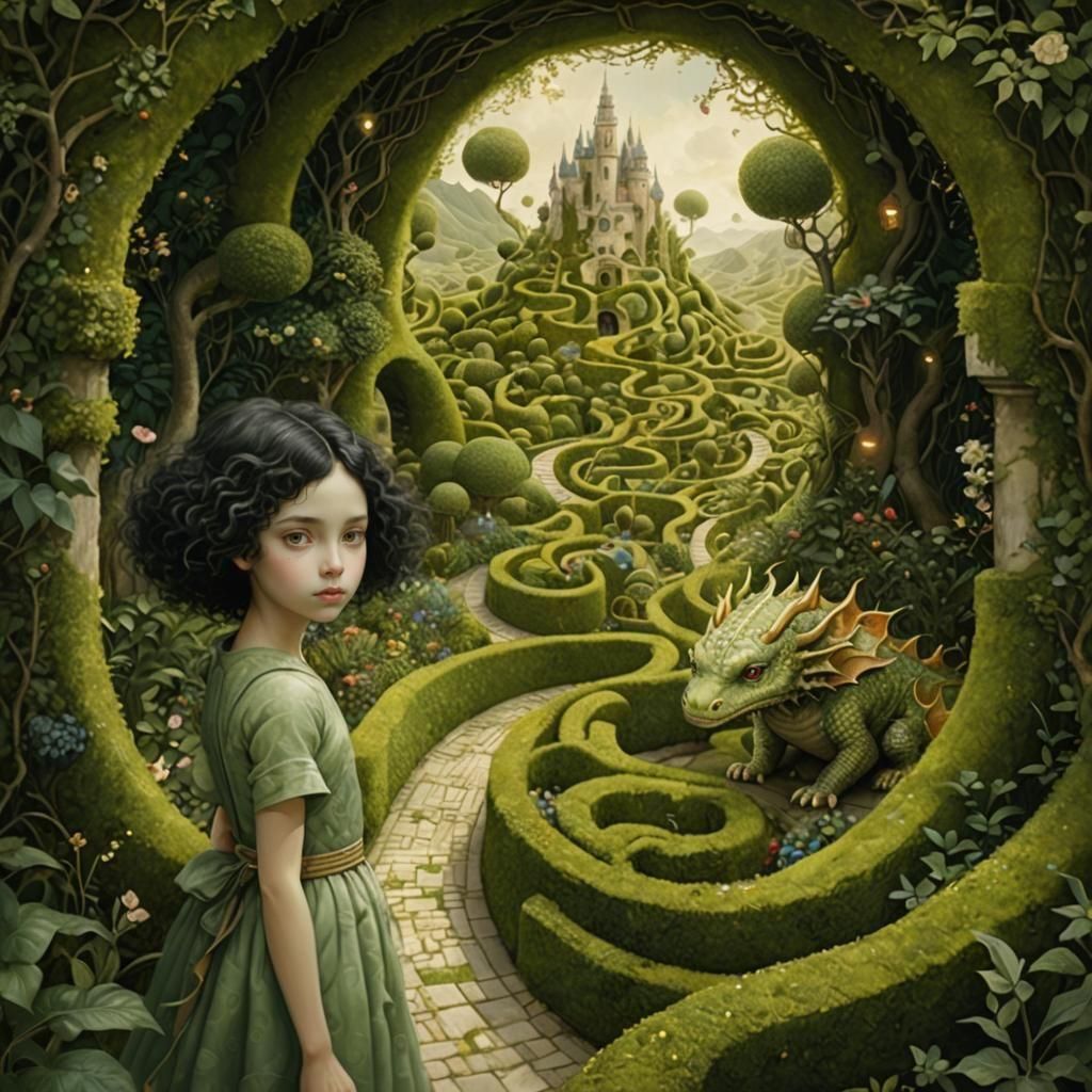 Dreamscape Garden Maze with Dragons in Surreal Style