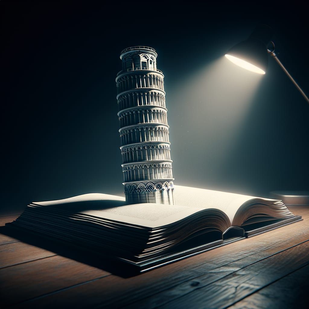 Ethereal Leaning Tower of Pisa Emerges from Ancient Tome