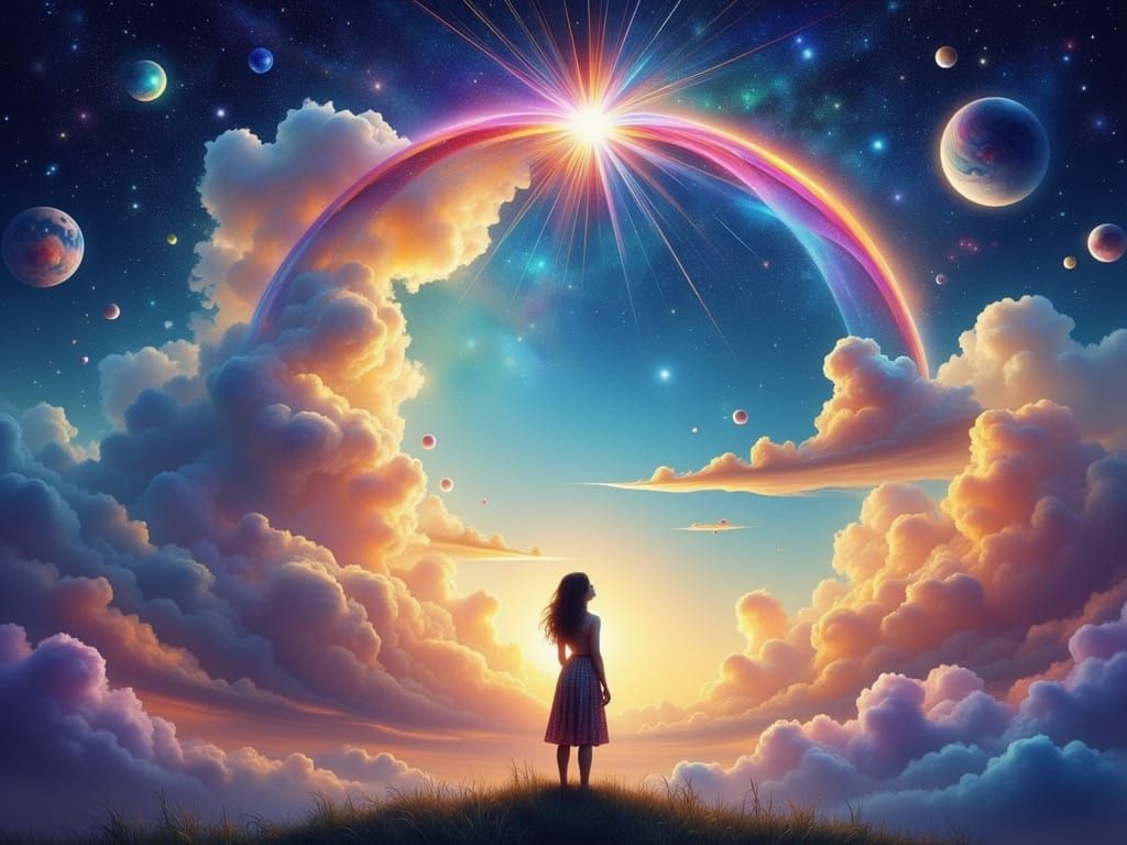 Celestial Woman Gazing at Starry Rainbow Sky