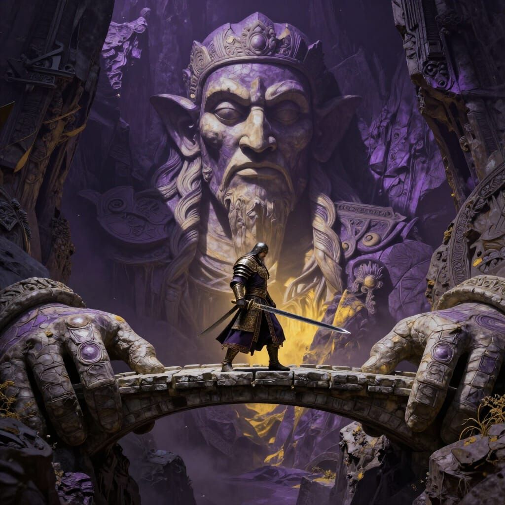 Ancient Warrior Crosses Bridge Held by Mountain Giant