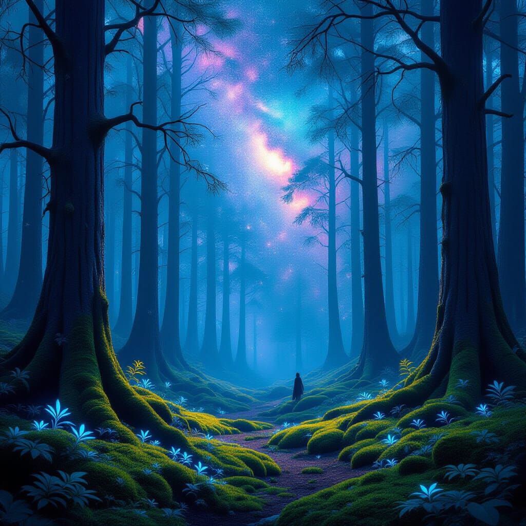 Lace String Trees in Bioluminescent Forest, Surrealist Style