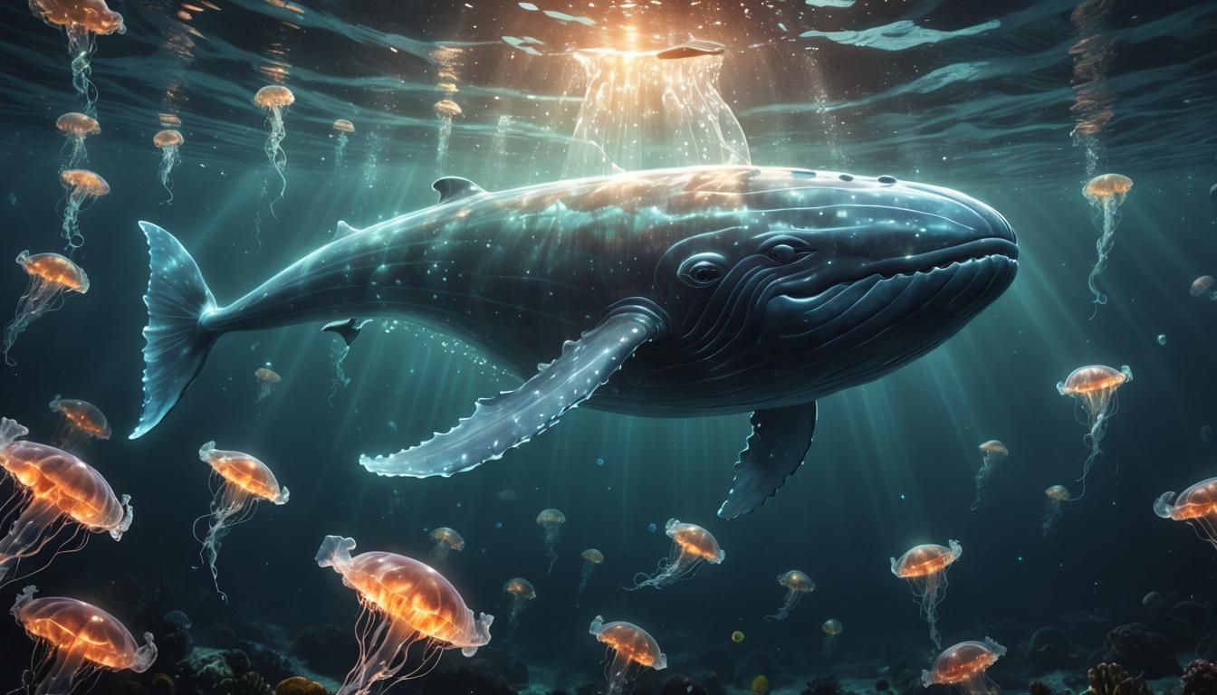 Glass Whale Swimming with Bioluminescent Jellyfish