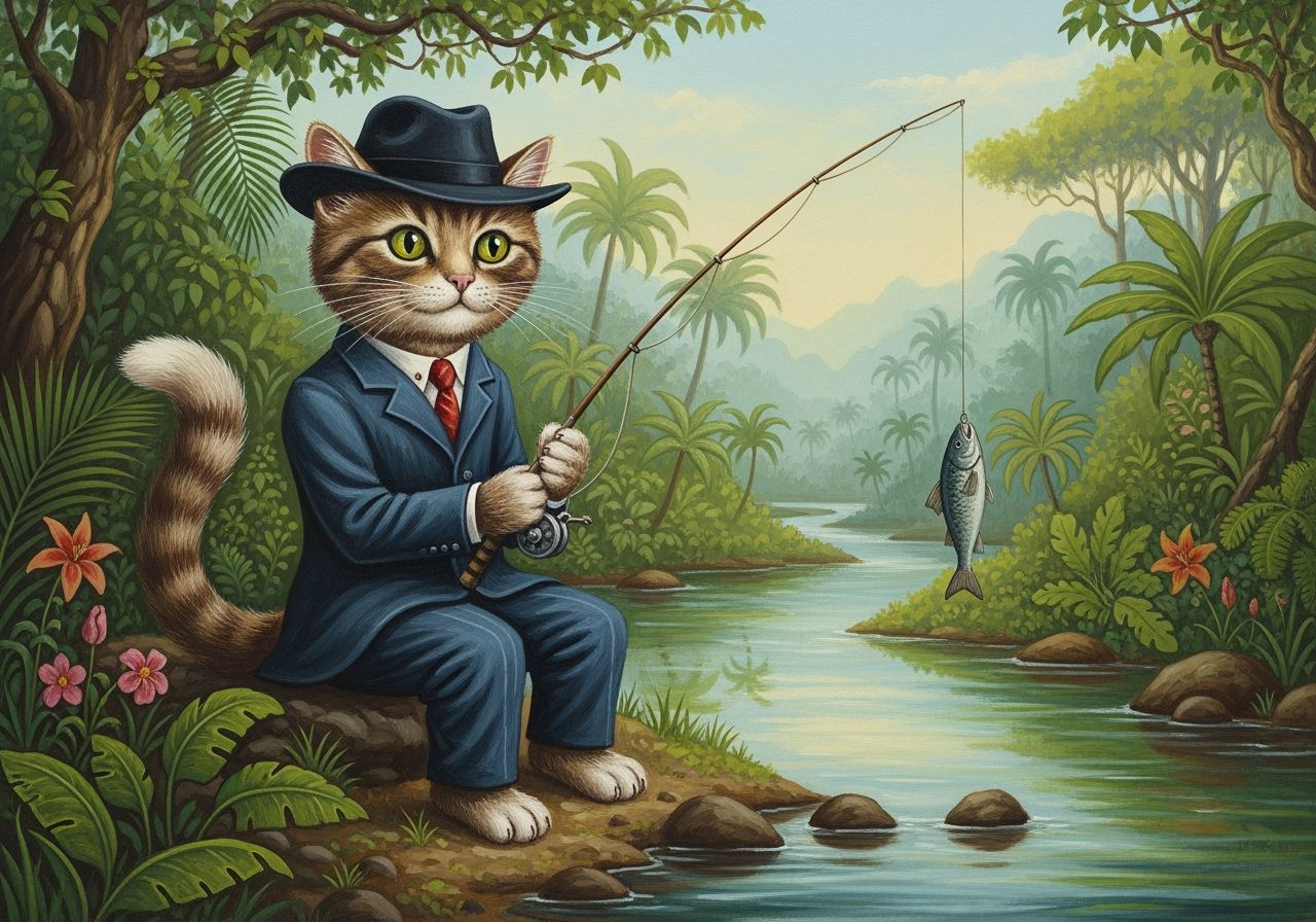 Cat Fisherman in Jungle River Caricature Painting