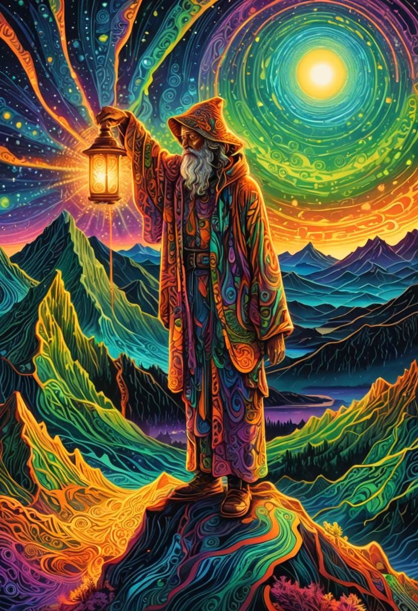 Colorful Hermit on Mountain Top in Fractal Style