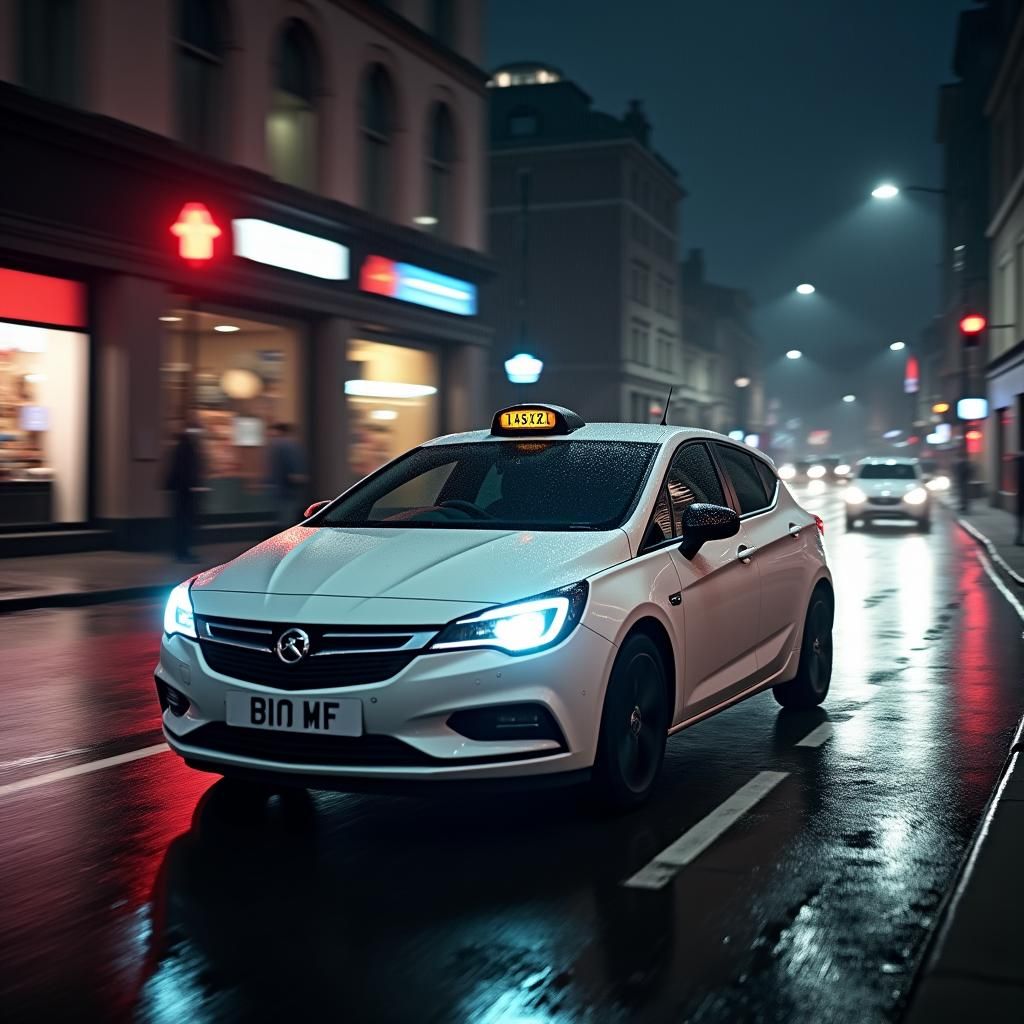 Rainy London Street Scene with White Taxi