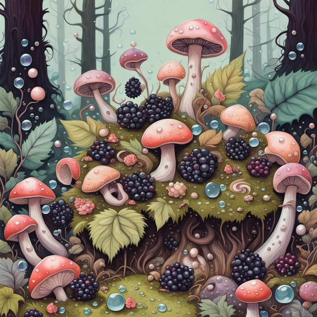 Blackberries in Forest with Gouache Style