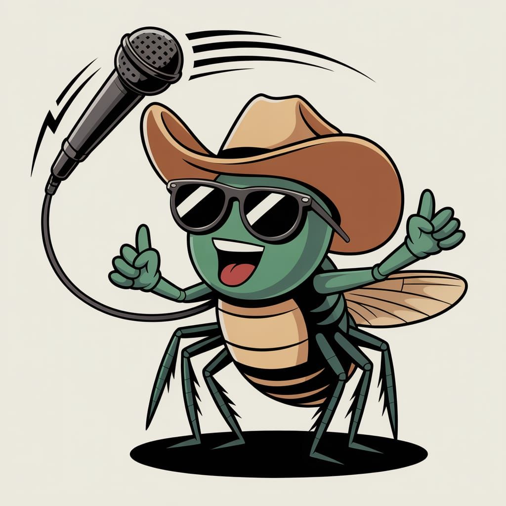 Cartoon Cowboy Cricket Sings with Rock On Gesture