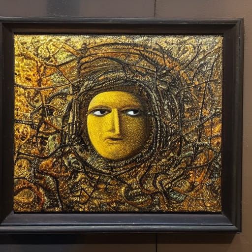 Surreal Portrait of Figure with Glowing Eyes in Warm Light