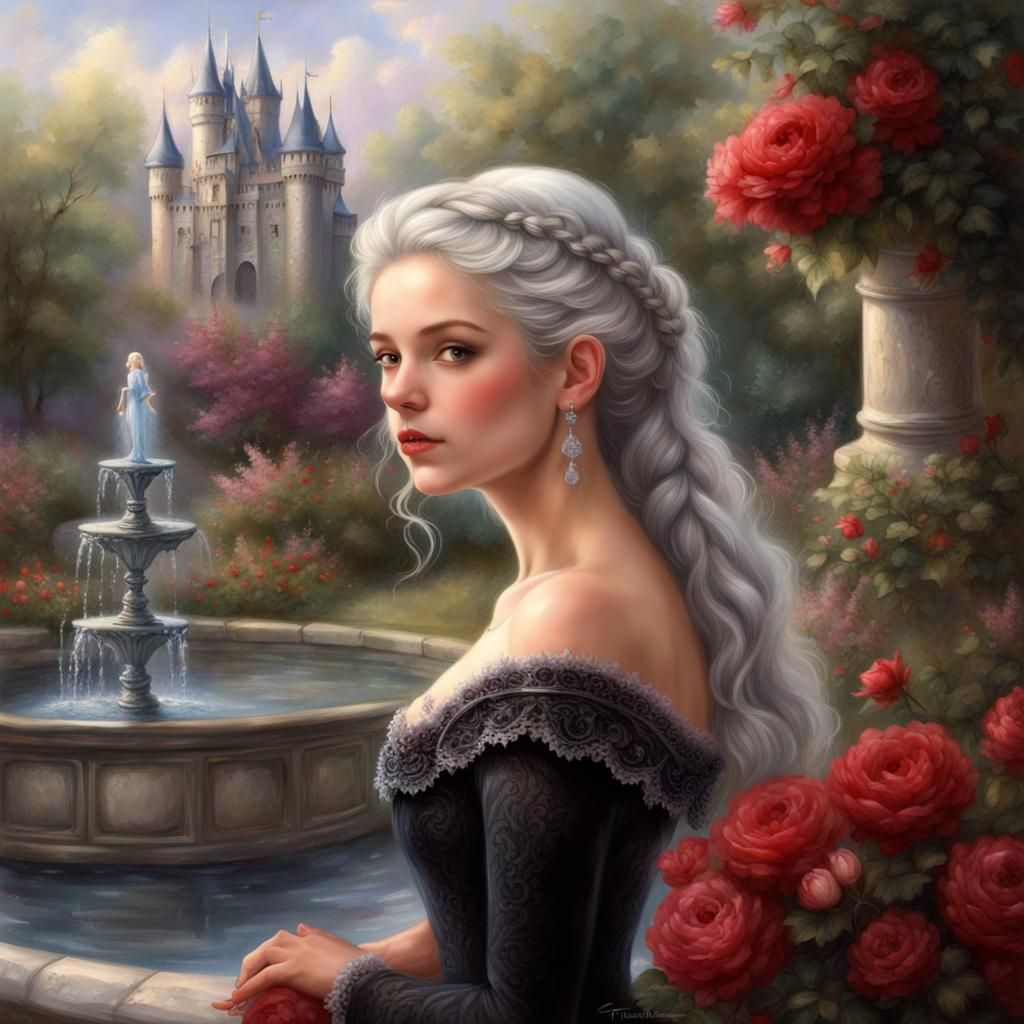 Ethereal Silver-Haired Girl in Castle Garden