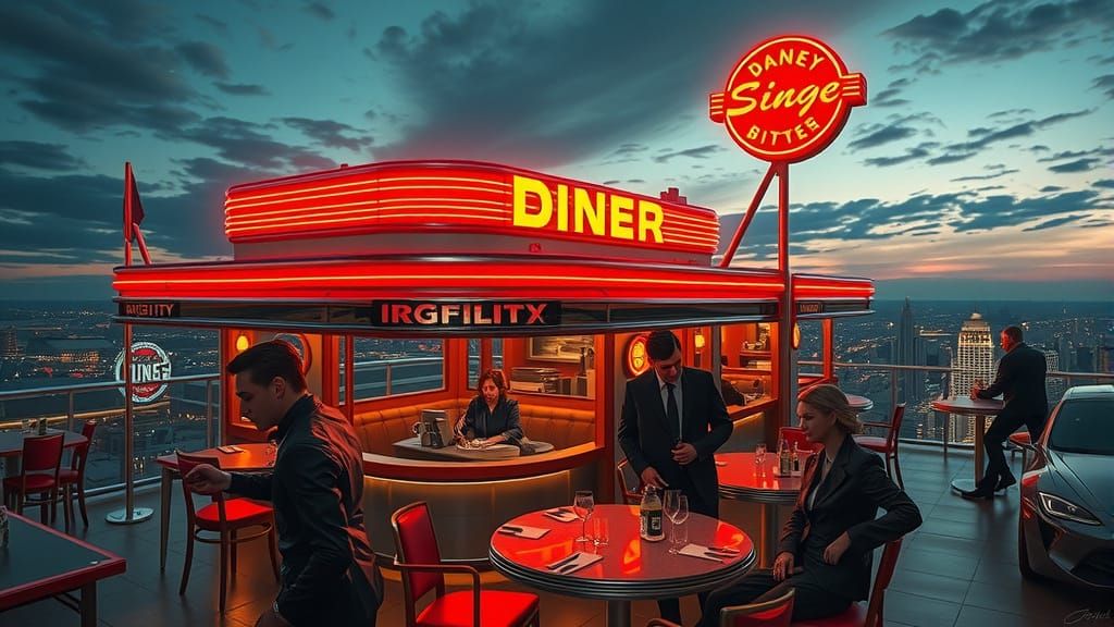 Rooftop Diner at Twilight in Retro-Futuristic Style