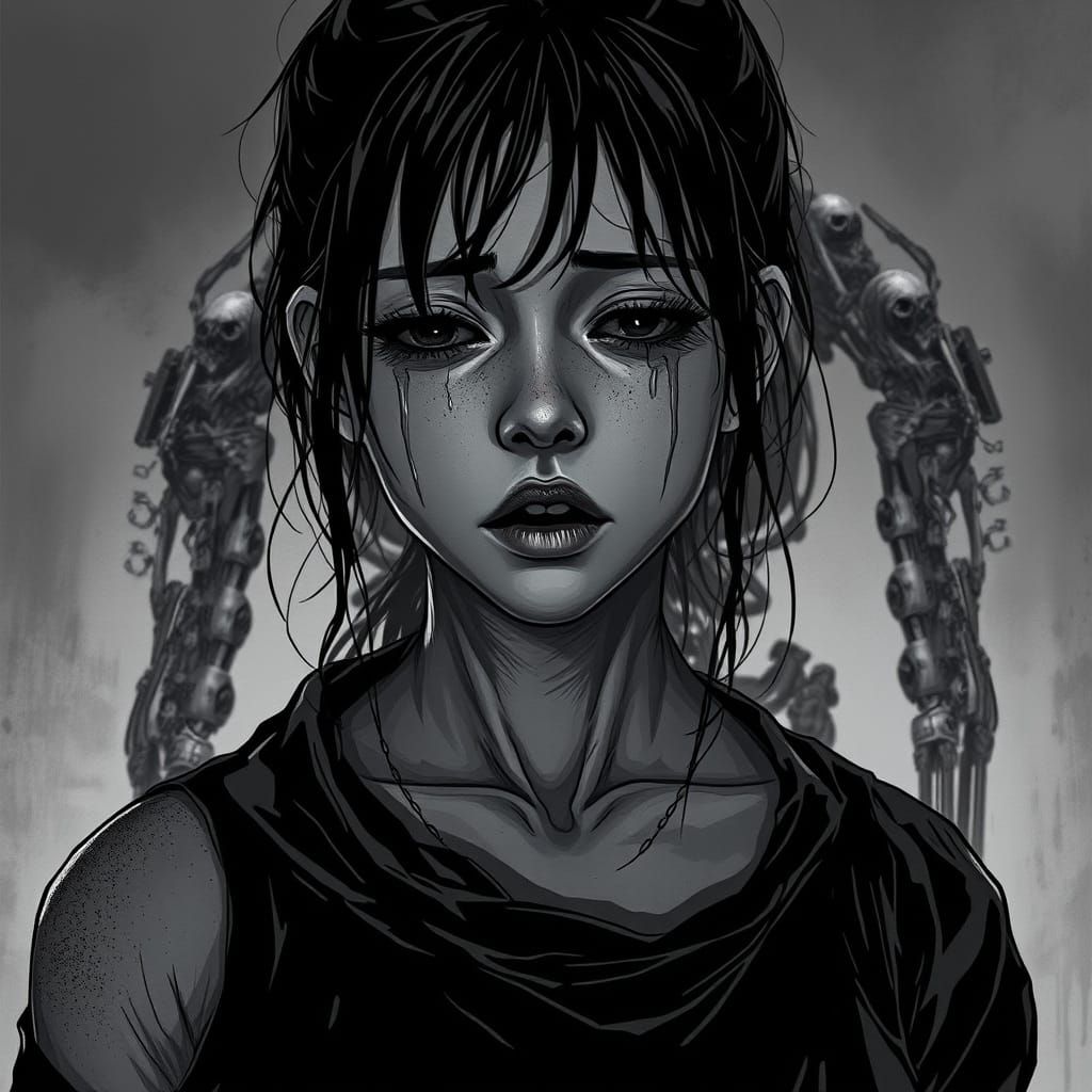 Gritty Cyberpunk Woman in Agony