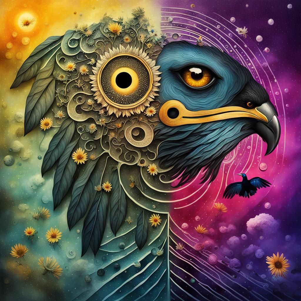Surreal Raven in Yin Yang Landscape, Watercolor Style