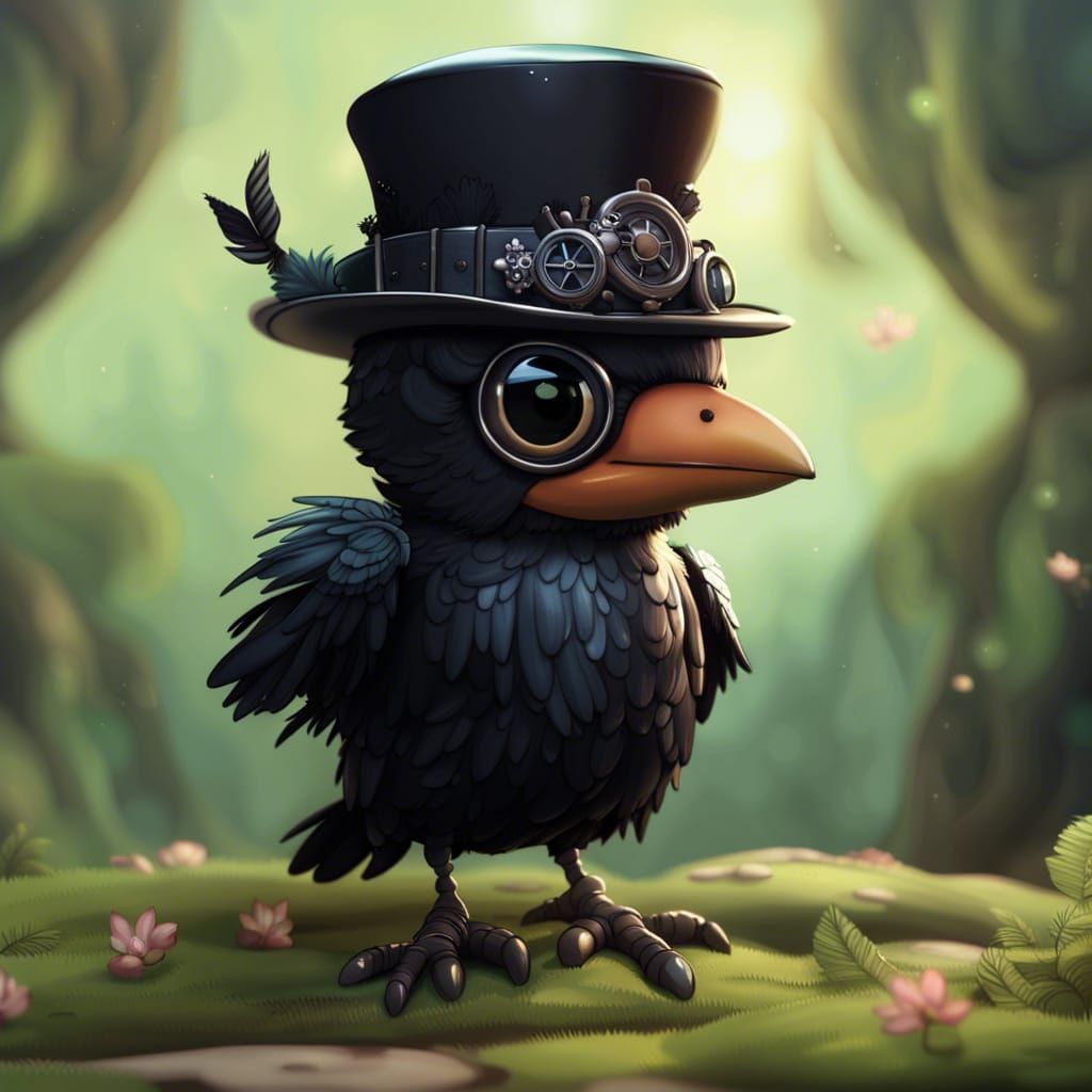 Cute Chibi Crow in Steampunk Fantasy Art