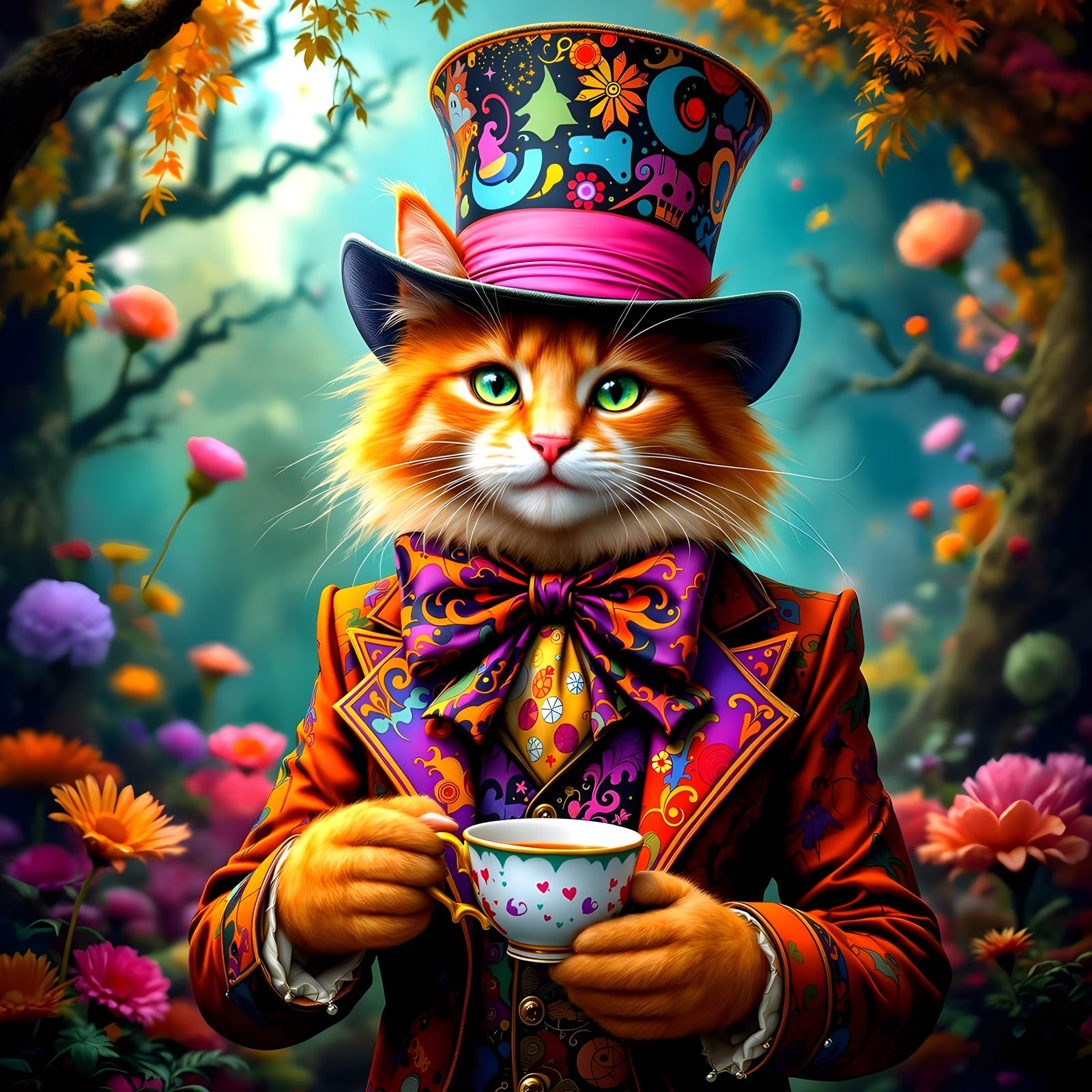 Whimsical Feline in Mad Hatter Attire Sips Tea