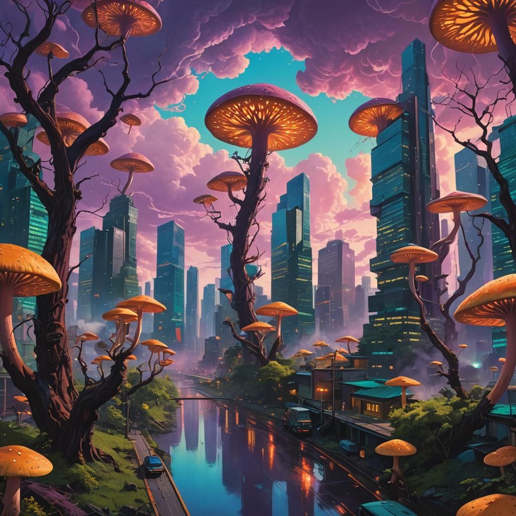 Mystical Cityscape with Ancient Trees and Skyscrapers