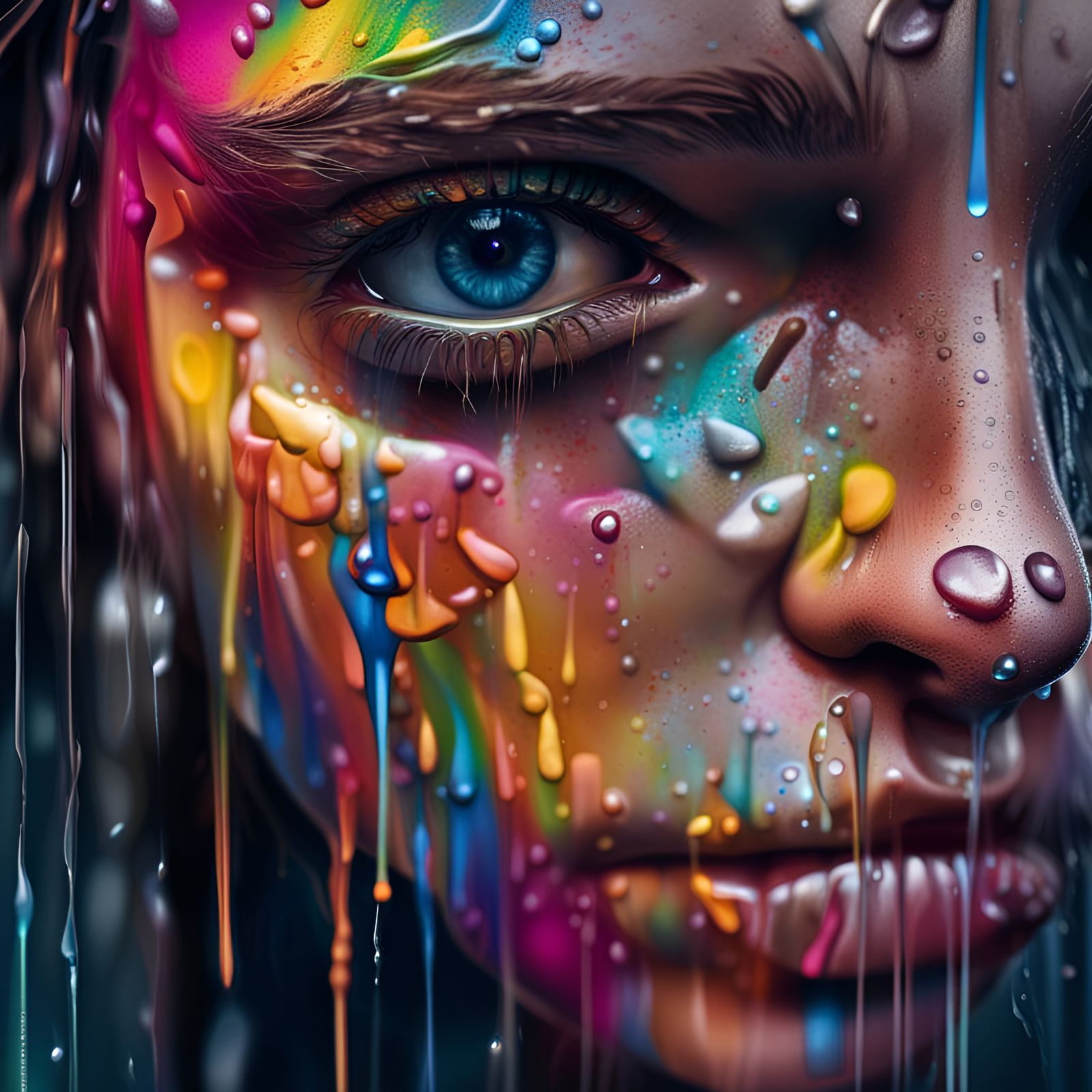 Sad Face with Tears in Hyperrealistic Splash Art