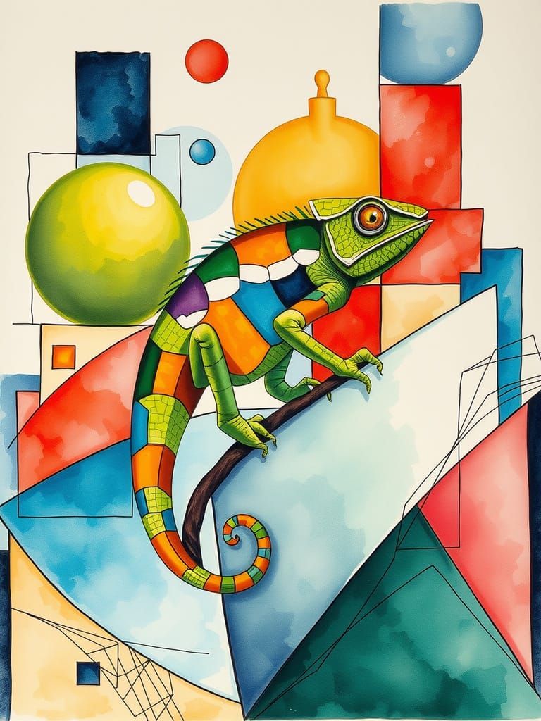 Abstract Cubist Chameleon in Pastel Watercolors and Ink