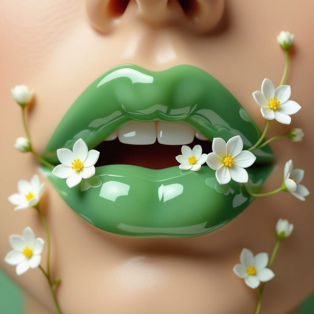 Jade Lips With Blooming Flowers in Surrealist Style