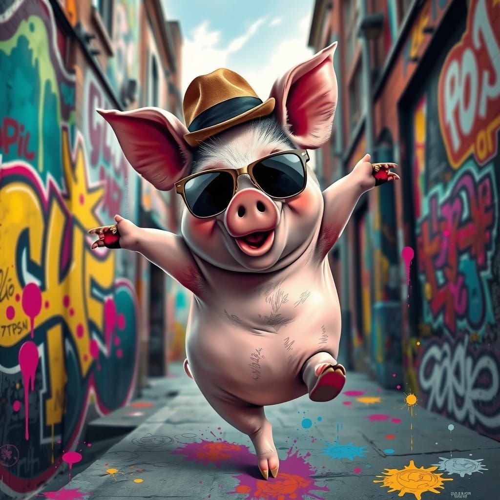 Urban Pig Dances in a Vibrant Cityscape with Graffiti and St...
