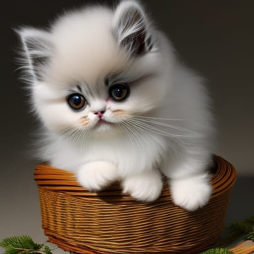 Fluffy Persian Kitten in Basket: Hyperrealistic Digital Art
