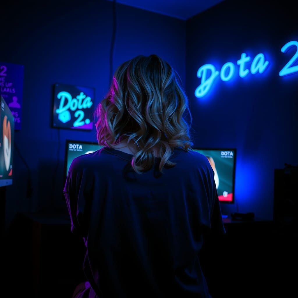 Gamer Girl in Neon-Lit Cyberpunk Room