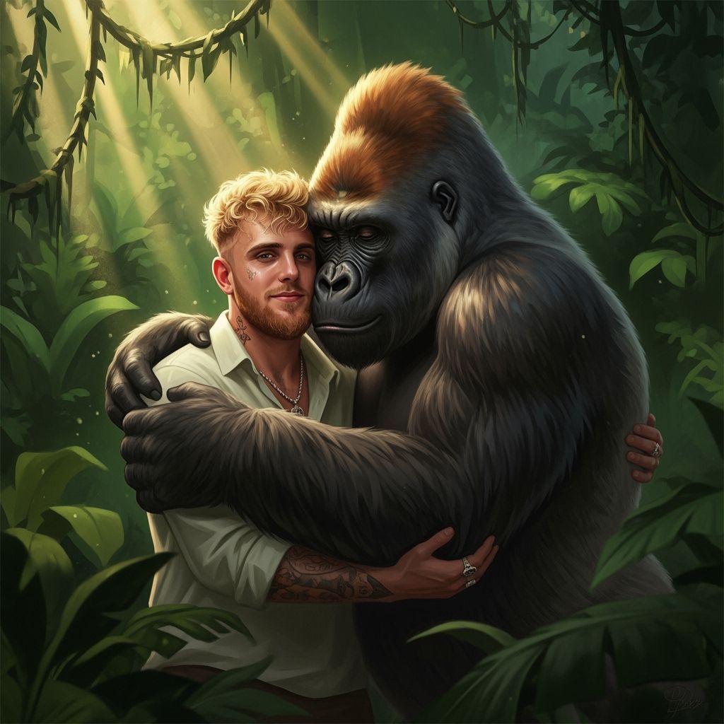 Jake Paul Hugs Gorilla in Hyperrealistic Digital Painting