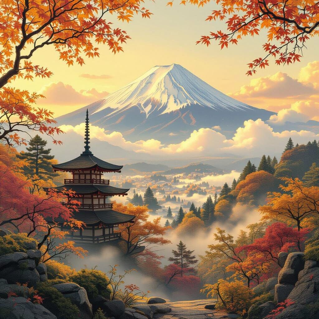 Mount Fuji in Autumn Mist: Ethereal Fantasy Landscape