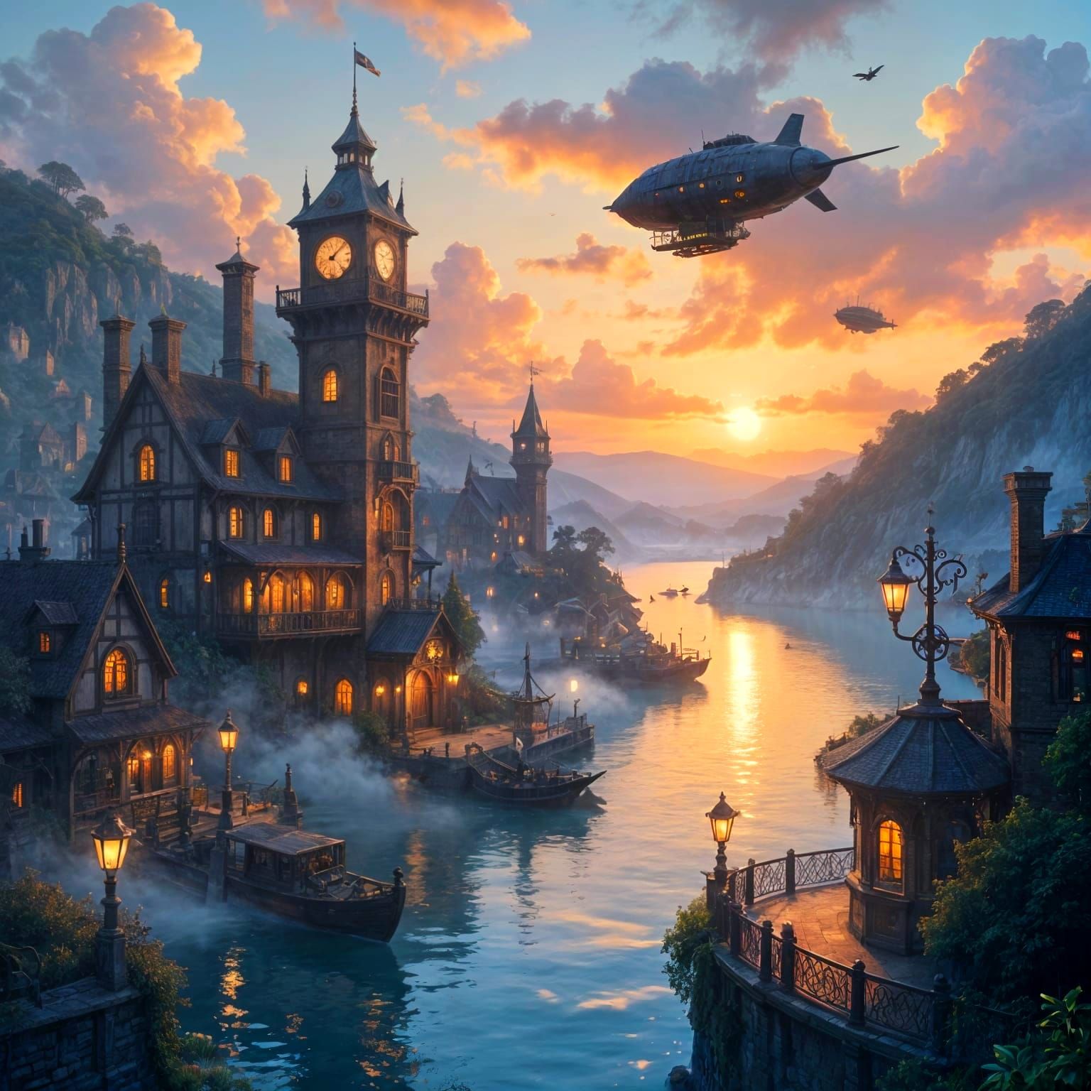 Steampunk Cityscape: Clockwork Harbor in Matte Painting Styl...