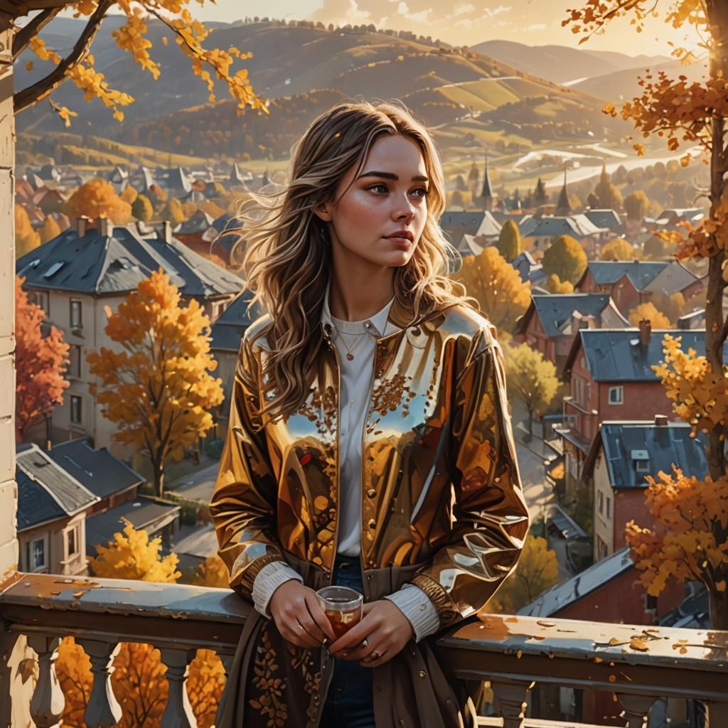 Girl on Balcony Overlooking Autumn Town, Photorealistic Art
