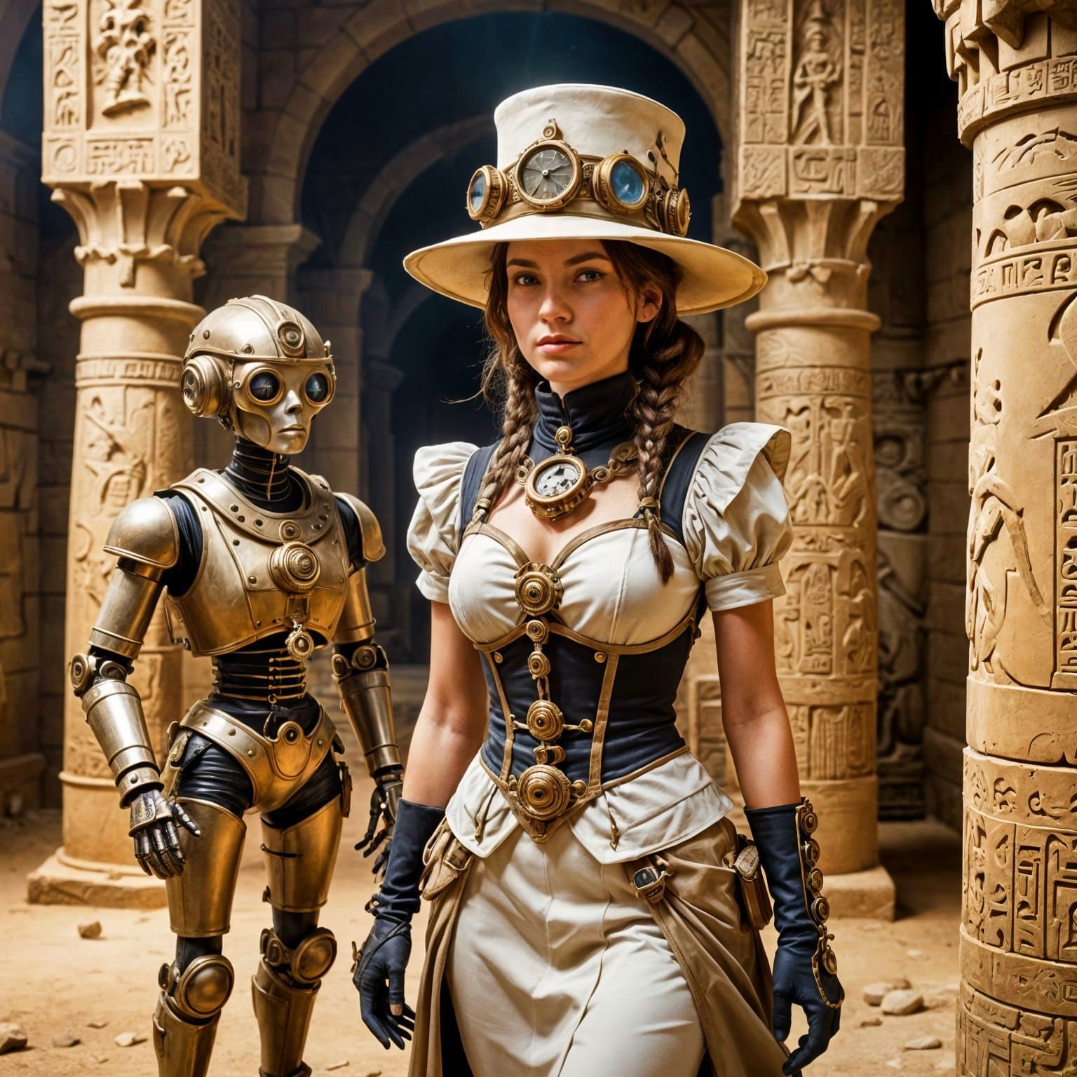 Steampunk Explorer and Clockwork Robot in Tomb