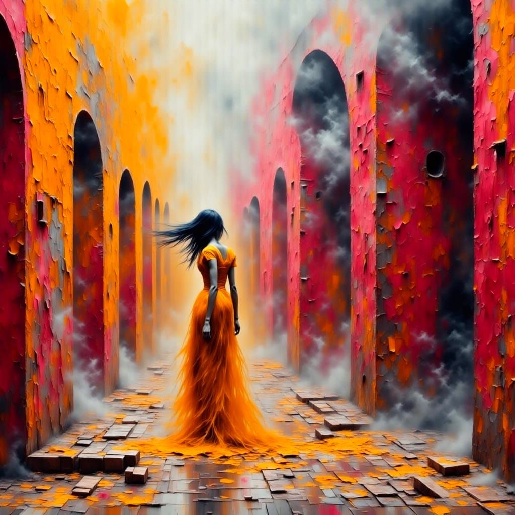 Ethereal Wanderer in Brutalist Labyrinth