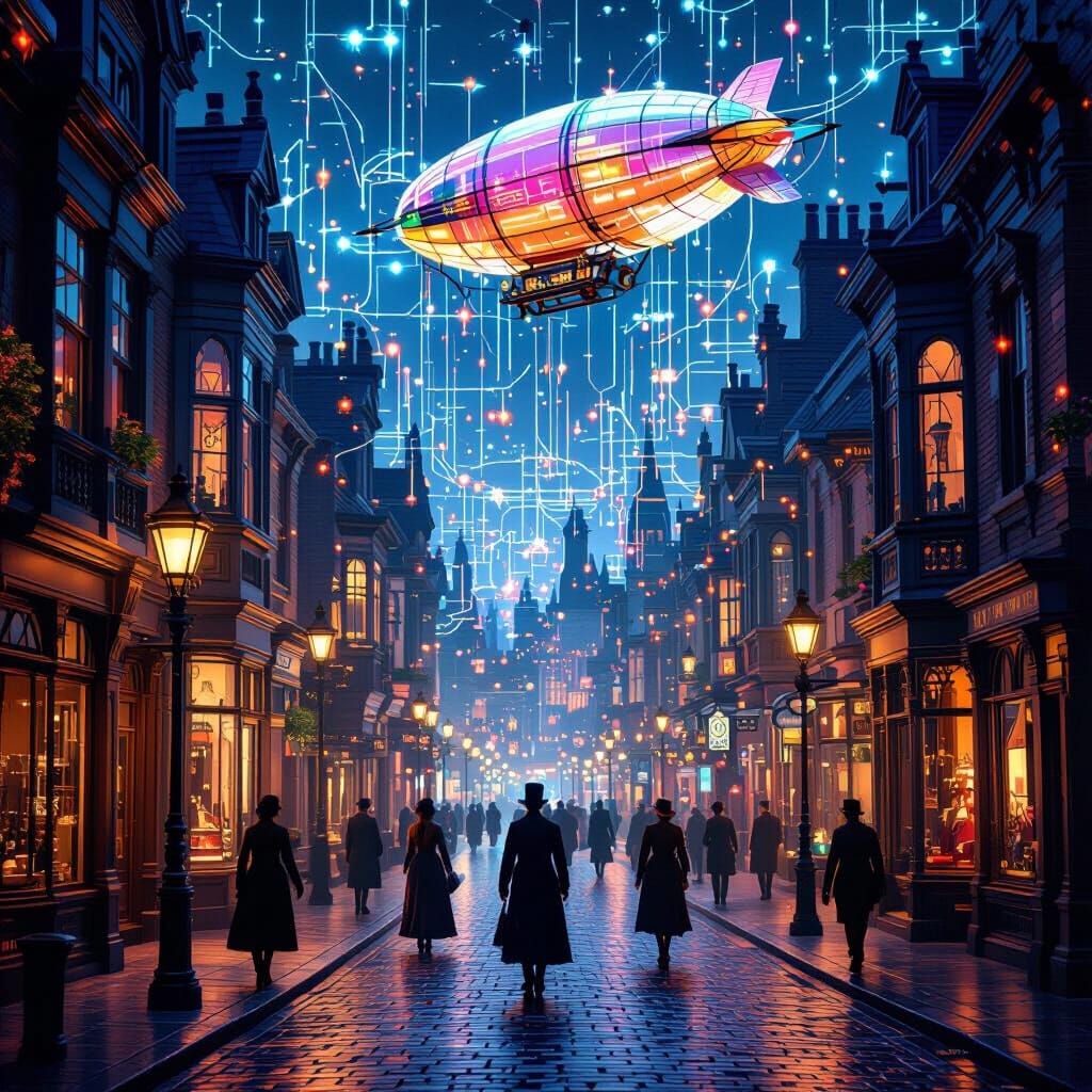 Victorian Steampunk Street Scene Woven From Fiber Optics