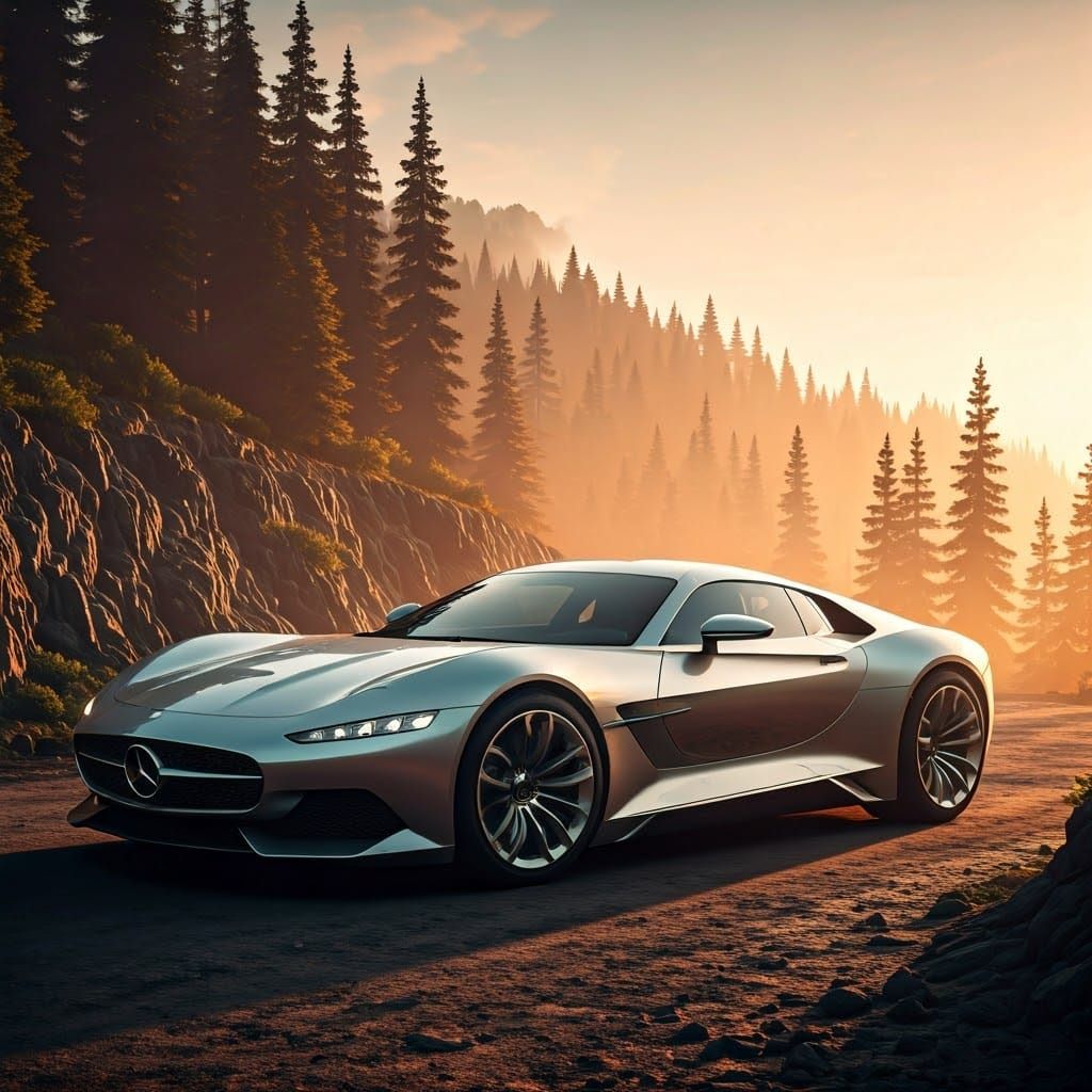 Sleek Silver Concept Car Illuminates Deserted Mountain Pass