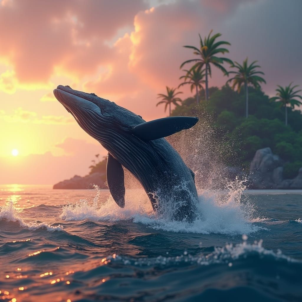 Whale Breaching at Sunset: Tropical Island Backdrop