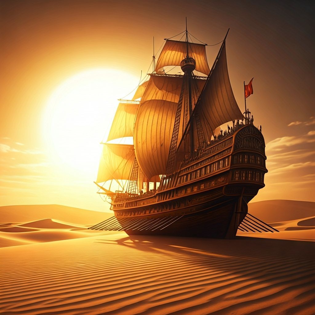 Majestic Sand Ship in Epic Fantasy Desert Landscape