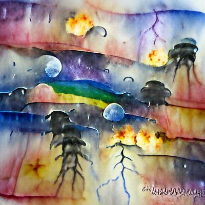 Watercolor Lightning Strikes Rainbow Planet